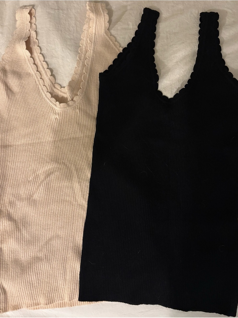 Easy Clothes Bella Top (Scalloped V-Neck Ribbed Tank Top in Black & Cream)